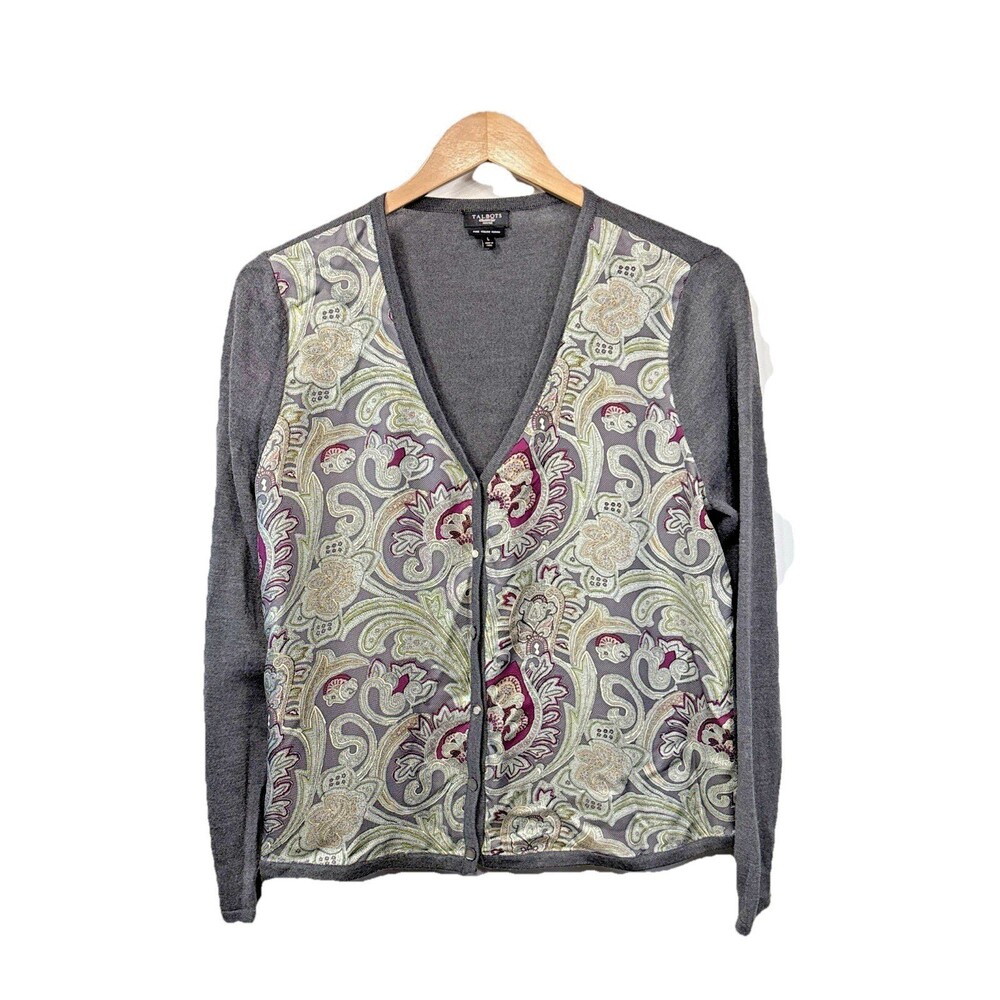 Talbots Petites Large Gray Merino Wool Cardigan Silk Paisley Art Buttons Chic